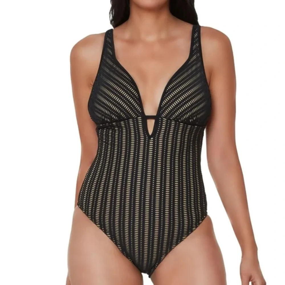 Bar III Plunging‎ Crochet One-Piece Swimsuit  Black Small